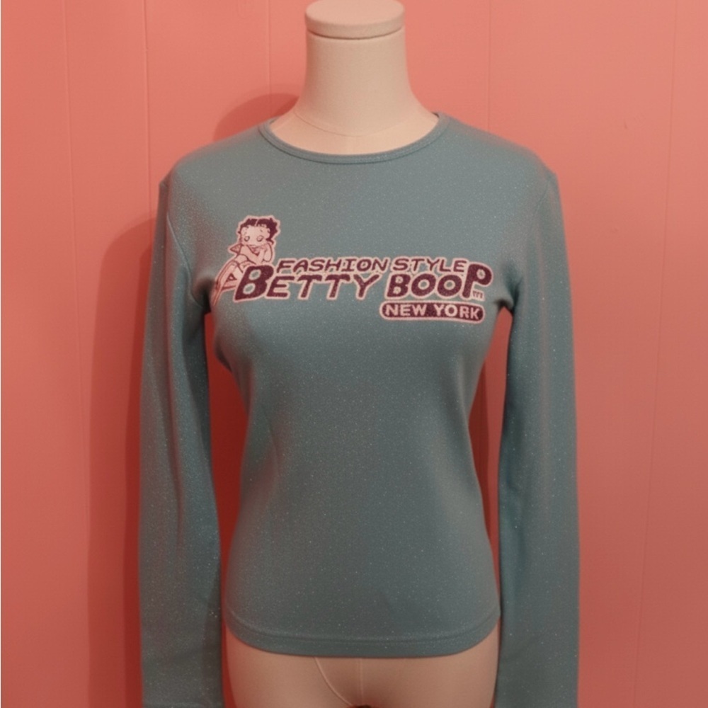 Vintage Betty Boop Women's Blue Long Sleeve Top - Picture 2 of 6